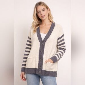 POL Cream & Charcoal Striped Sleeve Button Front Cardigan